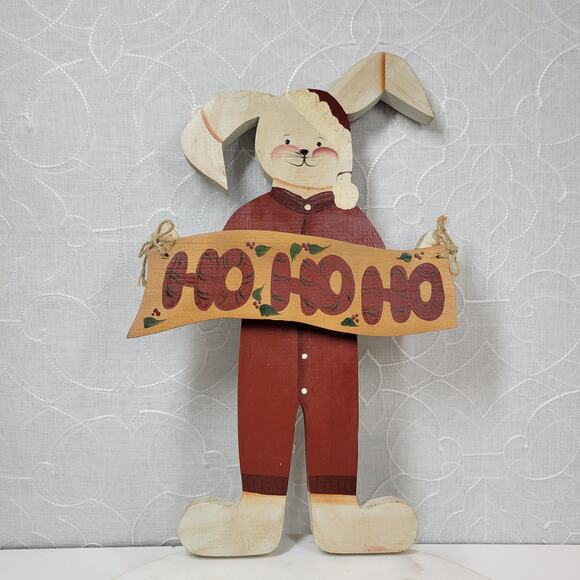 VINTAGE Bunny Santa Claus Ornament 15" HO HO HO Handmade Folk‎ Art Christmas - Picture 1 of 13